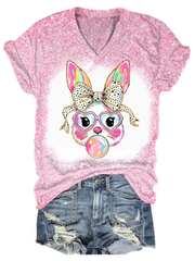 Glitter Easter Bunny Coquette V-Neck T-Shirt