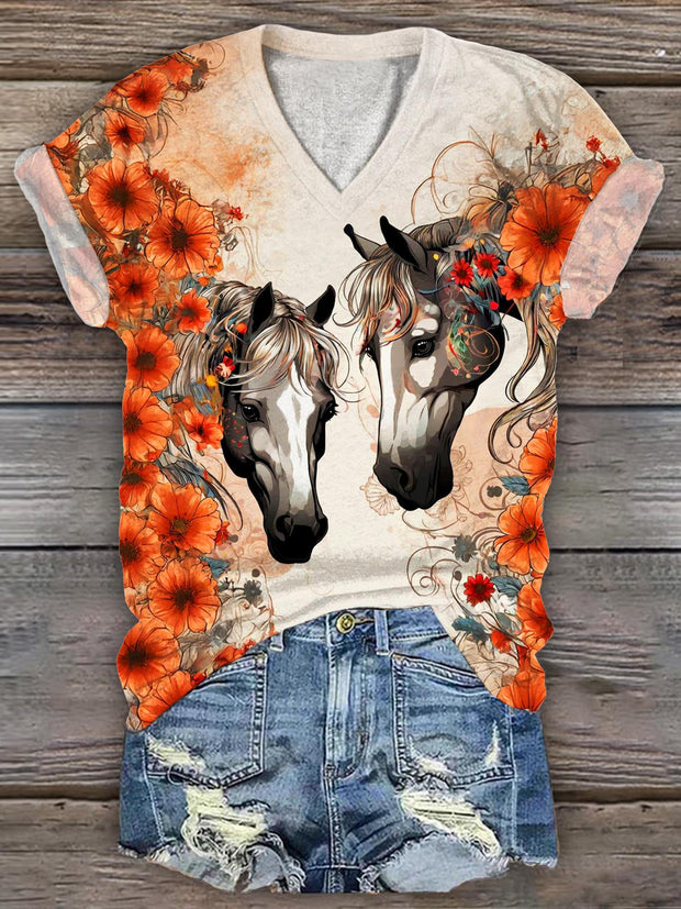 Women's Horse Floral Retro V-Neck T-Shirt