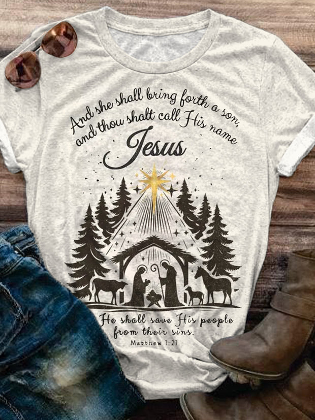 Jesus Christmas She Shall Bring Forth a Son Crew Neck T-shirt