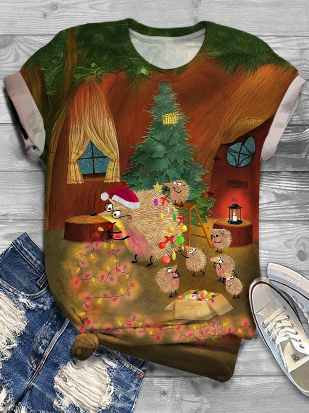 Retro Animal Christmas Print Crew Neck T-shirt