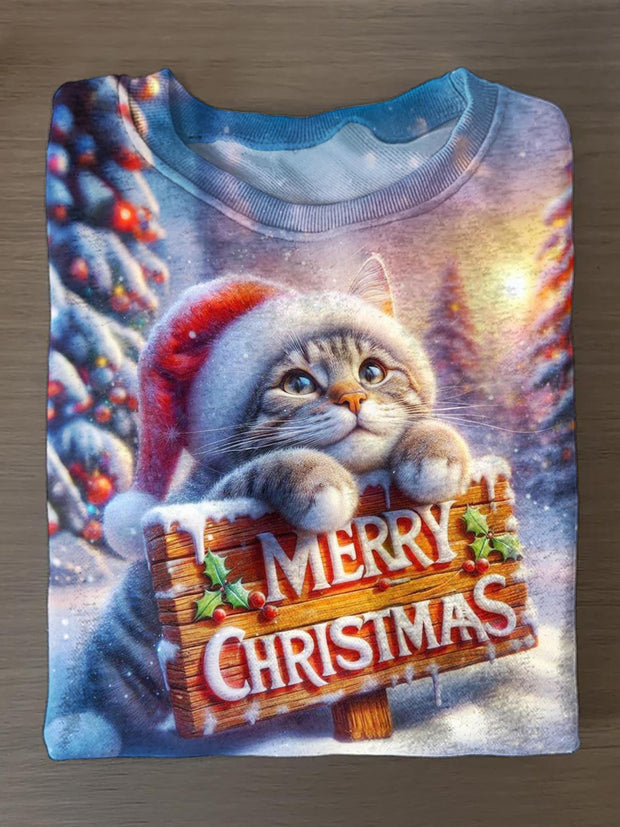 Christmas Cute Kitten Printed Long Sleeve Casual Top