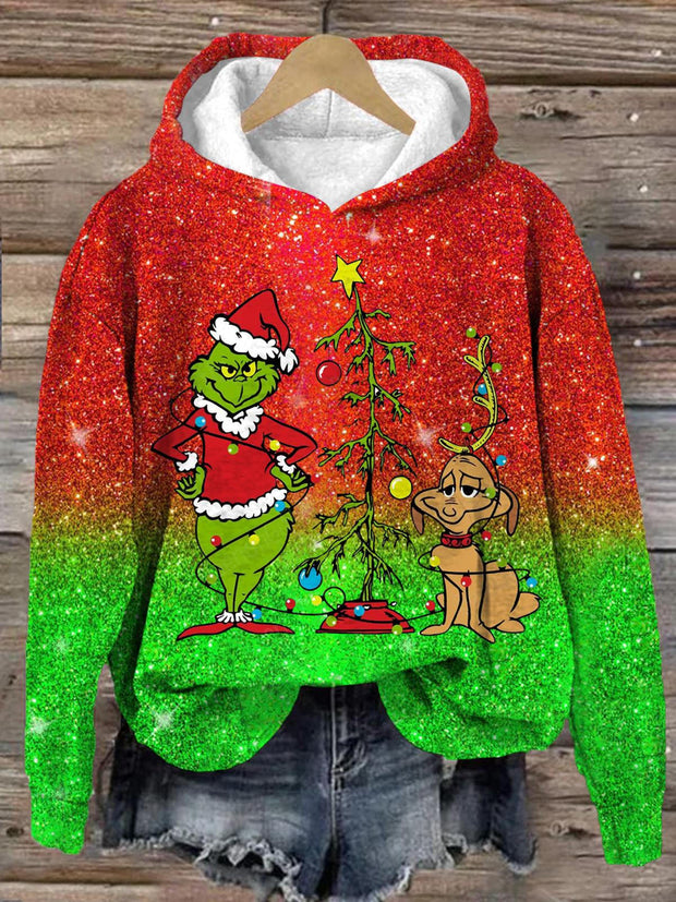 Funny Green Monster And Max Merry Christmas Long Sleeve Printed Hoodie