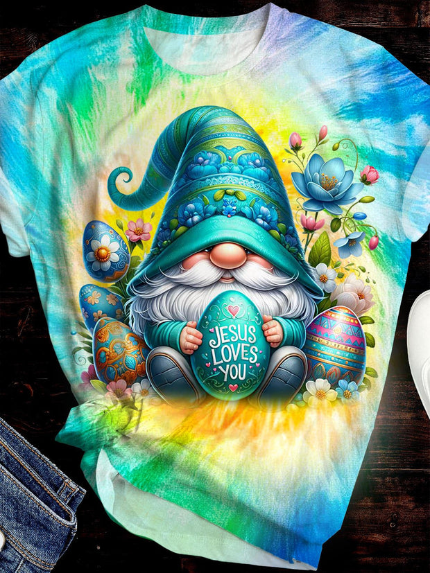 Cute Gnome Easter Print Crew Neck T-shirt