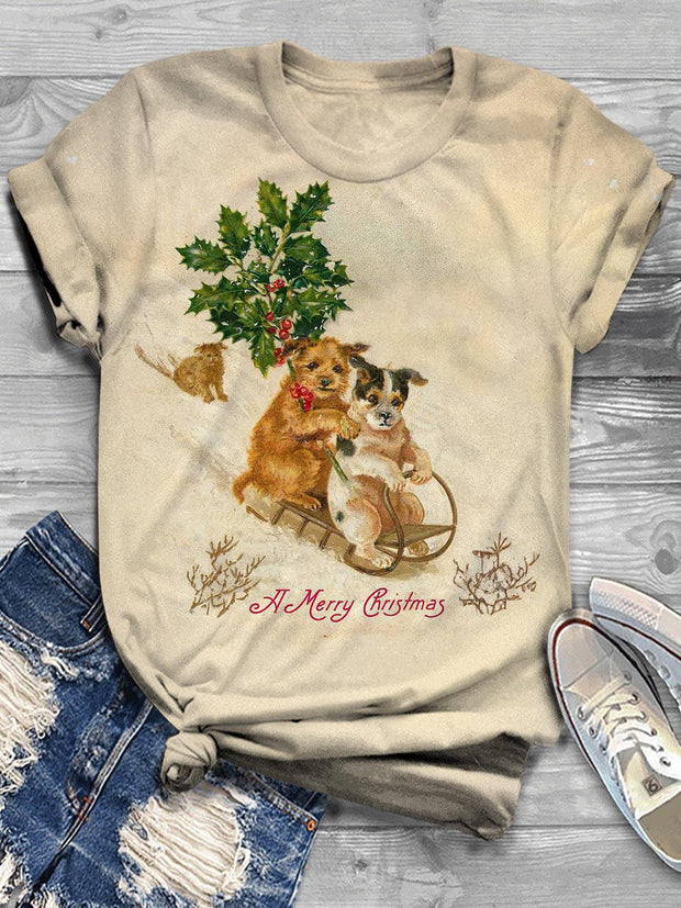 Women's Christmas Cute Animal Vintage Print Casual T-shirt