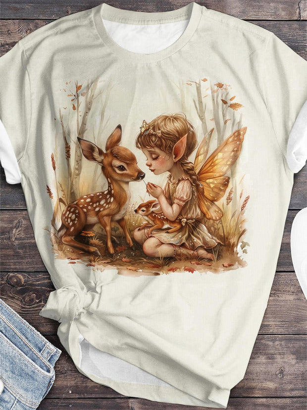 Women's Sika Deer Elf Retro Print Round Neck Short Sleeve T-shirt