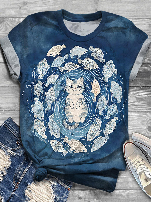 Women's Fish Cat Print Crew Neck T-shirt