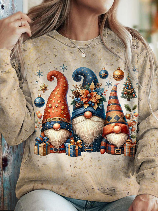 Women's Christmas Gnome Vintage Print Long Sleeve Top