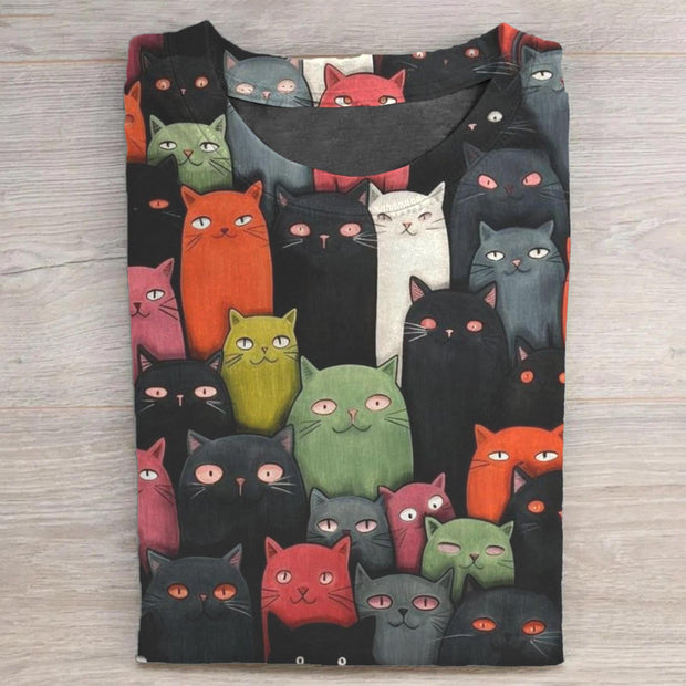 Colorful Cat Printed Crew Neck T-shirt