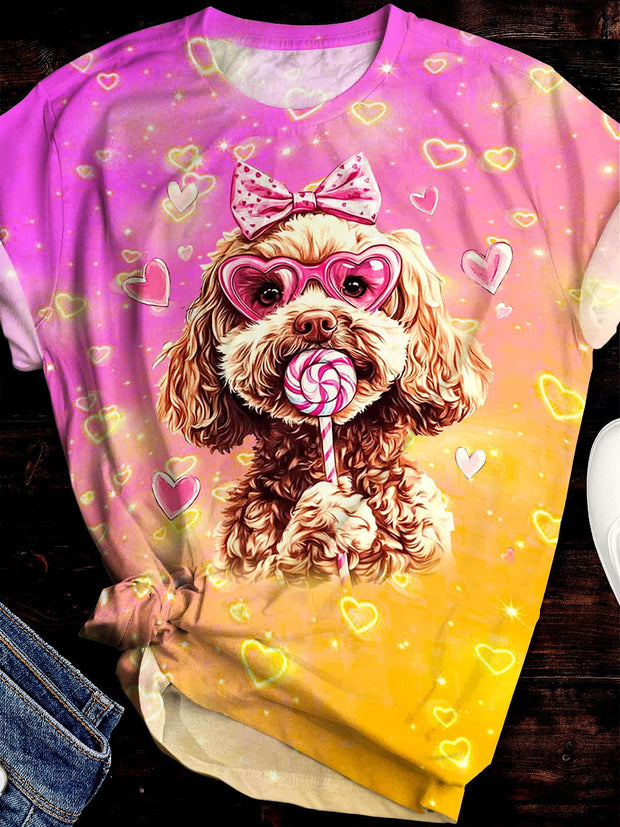 Women's Goldendoodle Coquette Valentine's Day Dog Print Crew Neck T-shirt