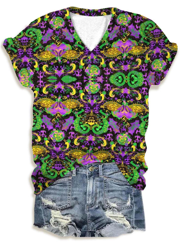 Women's Dragons Snakes Butterfly Fairy in Mardi Gras Print V-Neck T-Shirt