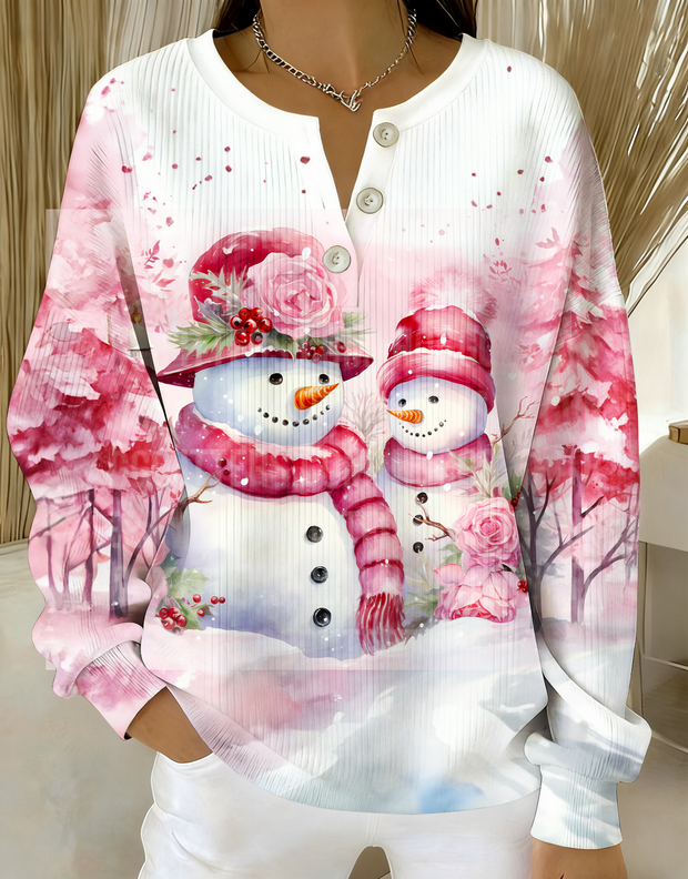 Pink Floral Snowman Knitted Button Long-Sleeved Top