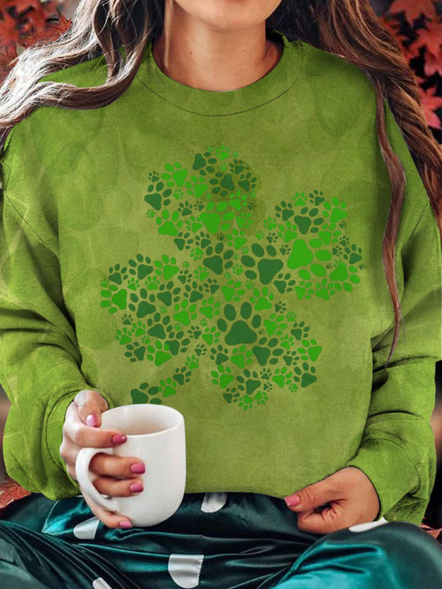 Shamrock Dog Paw Printed Long Sleeve Casual Top