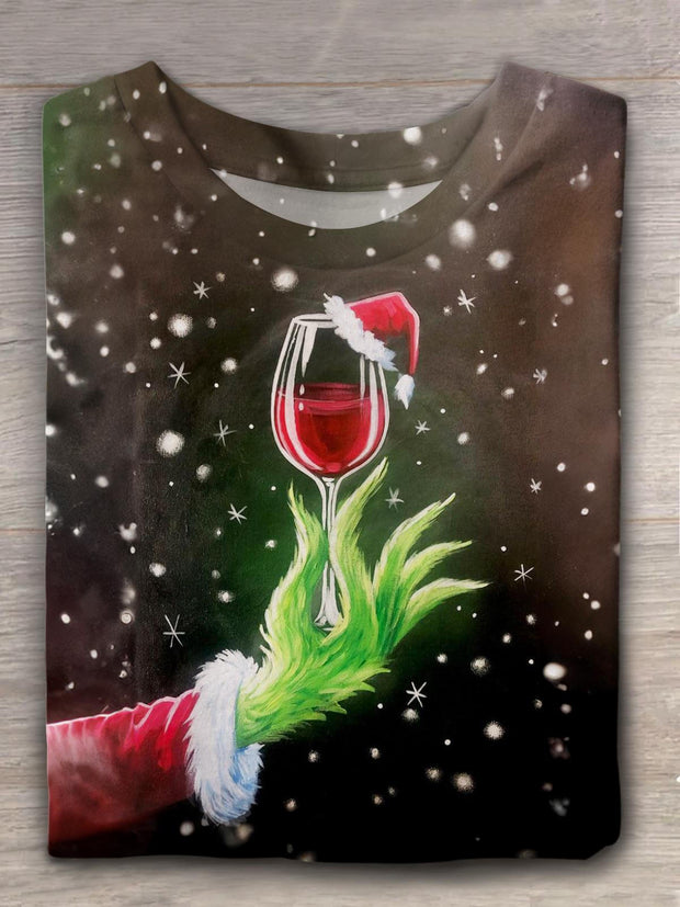 Green Hair Monster Holding A Red Wine Glass Crew Neck T-shirt