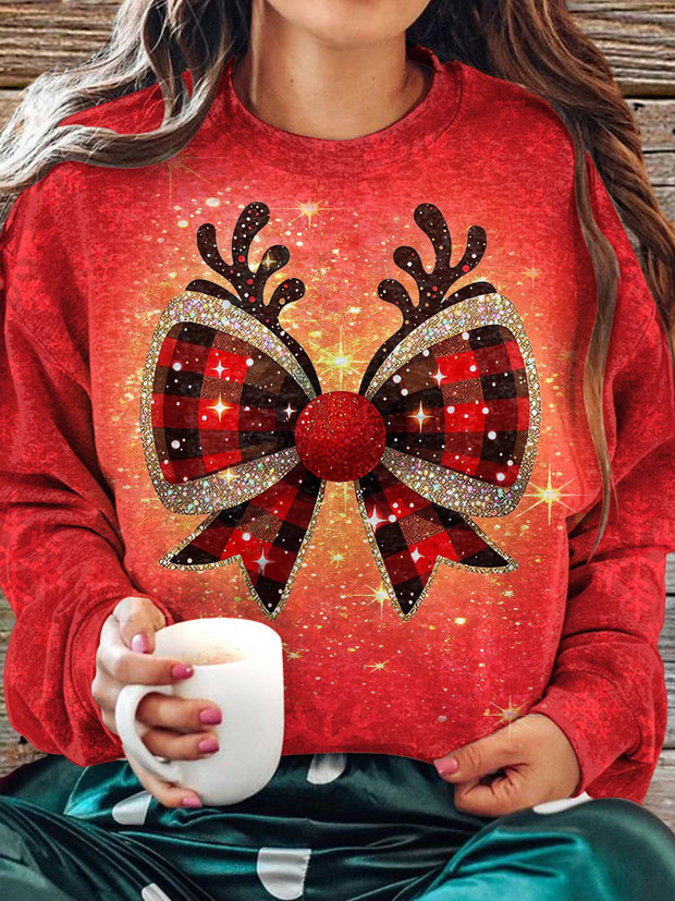 Women's Christmas Antler Bow Crew Neck Casual Sweatshirt