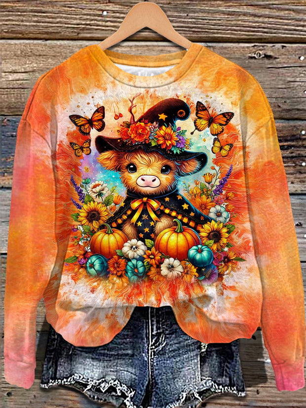 Fall Halloween Highland Cow Printed Long Sleeve Casual Top