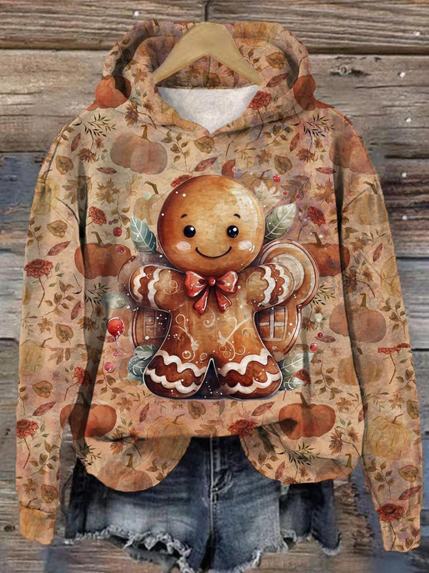 Women's Christmas Cute Cookie Floral Vintage Print Hooded Casual Top