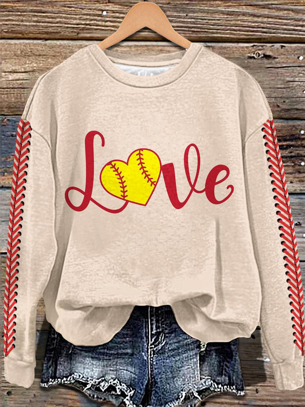 Vintage Valentine's Day Baseball Print Long Sleeve Casual Top