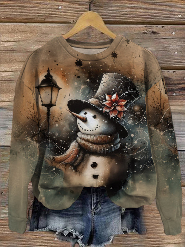 Retro Snowman Printed Long Sleeve Casual Top