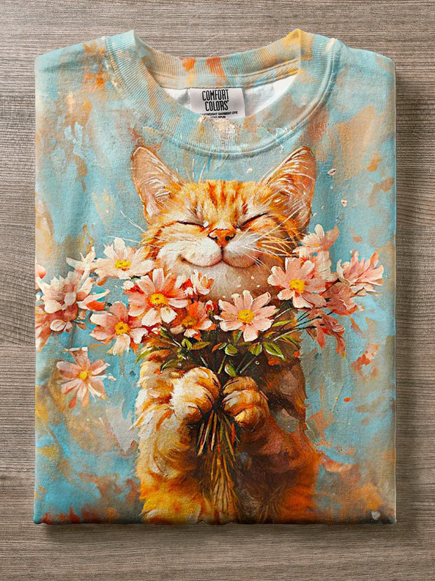 Retro Cat Flowers Spring Print Crew Neck T-shirt
