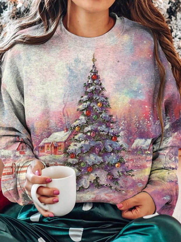 Retro Pink Christmas Printed Long Sleeve Casual Top