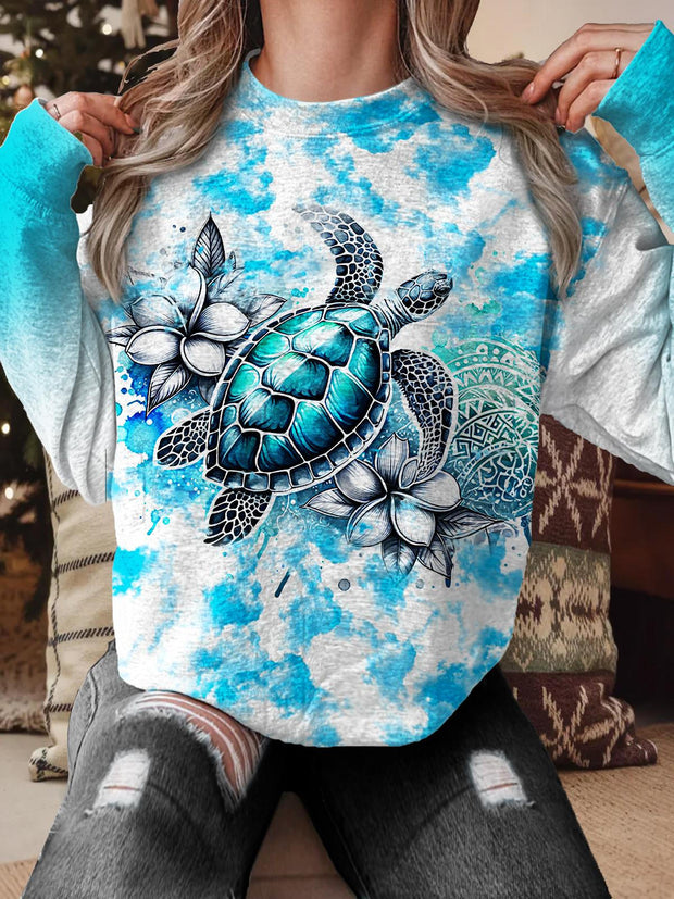 Women's Tie Dye Bohemian Turtle Printed Long Sleeve Casual Top