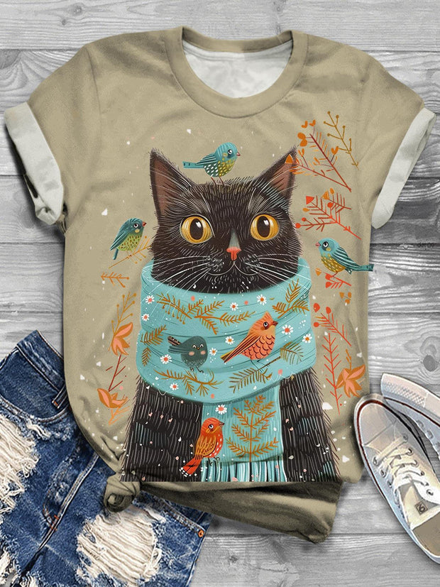 Women's Cute Cat Floral Print Casual Crew Neck T-Shirt