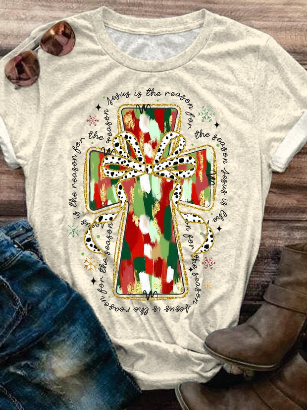 Colorful Coquette Glitter Jesus Cross Xmas Crew Neck T-shirt