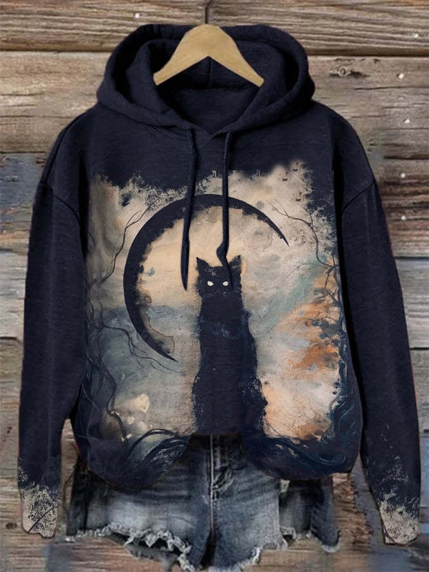 Moon And Black Cat Long Sleeve Printed Hoodie