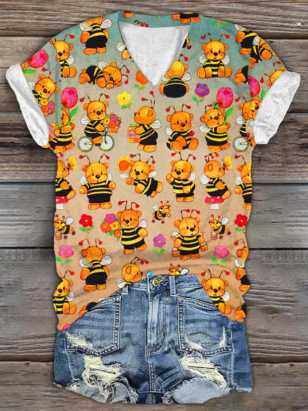 Women's Cute Bear Dressed As Bee Festive Print Casual T-shirt