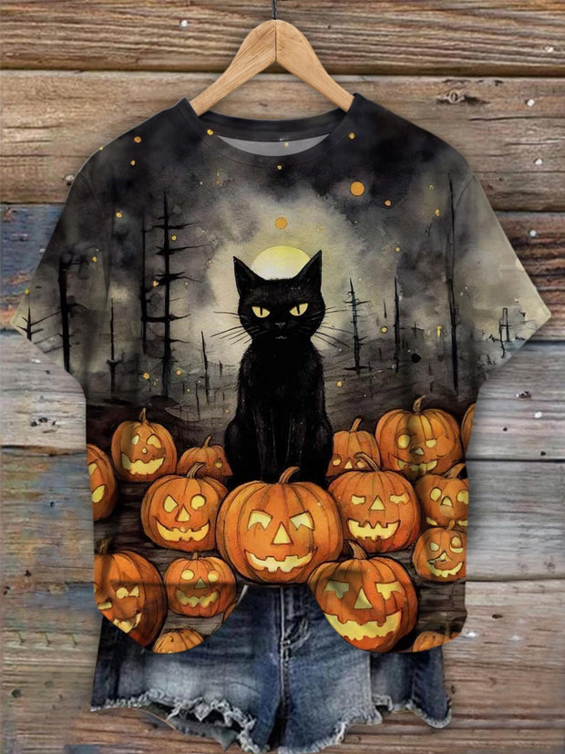 Dark Cat And Pumpkin Crew Neck T-shirt