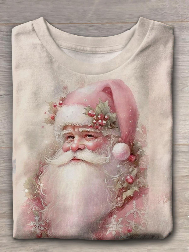 Pink Santa Claus Portrait Christmas Crew Neck T-shirt