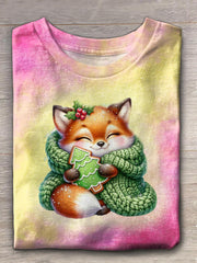 Women's Winter Christmas Tree Fox Crew Neck T-shirt