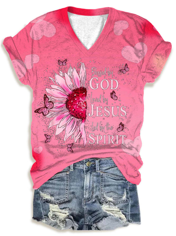 Women's God Jesus Print V-Neck T-Shirt