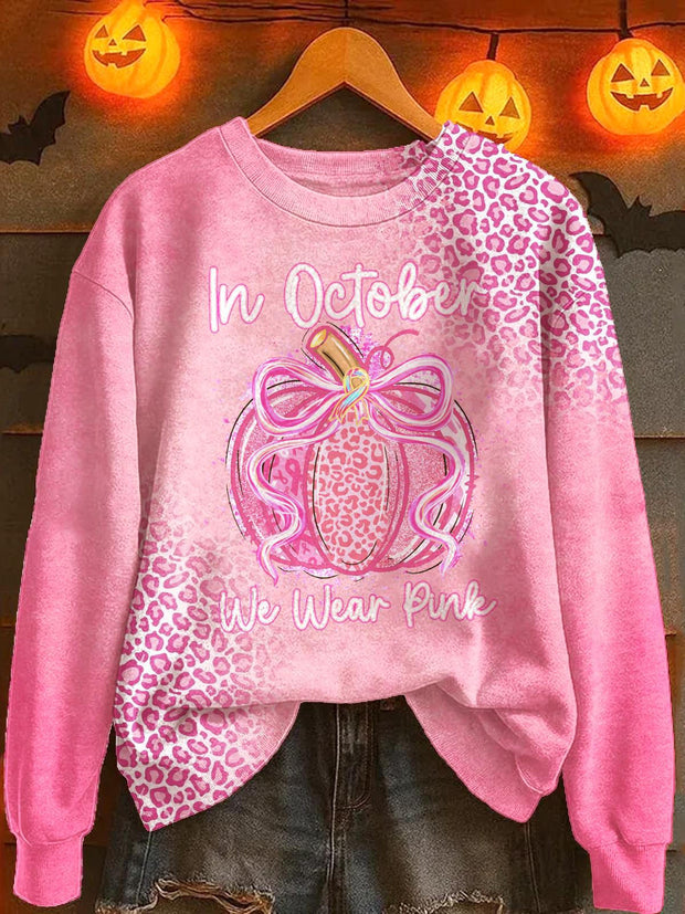 Fall Breast Cancer Pumpkin Printed Long Sleeve Casual Top