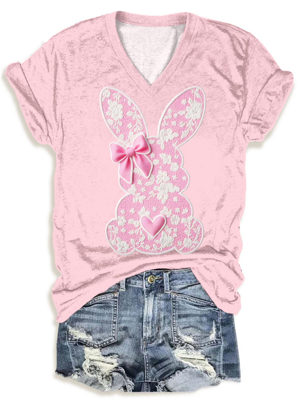 Pink Lace Easter Bunny V-neck T-Shirt