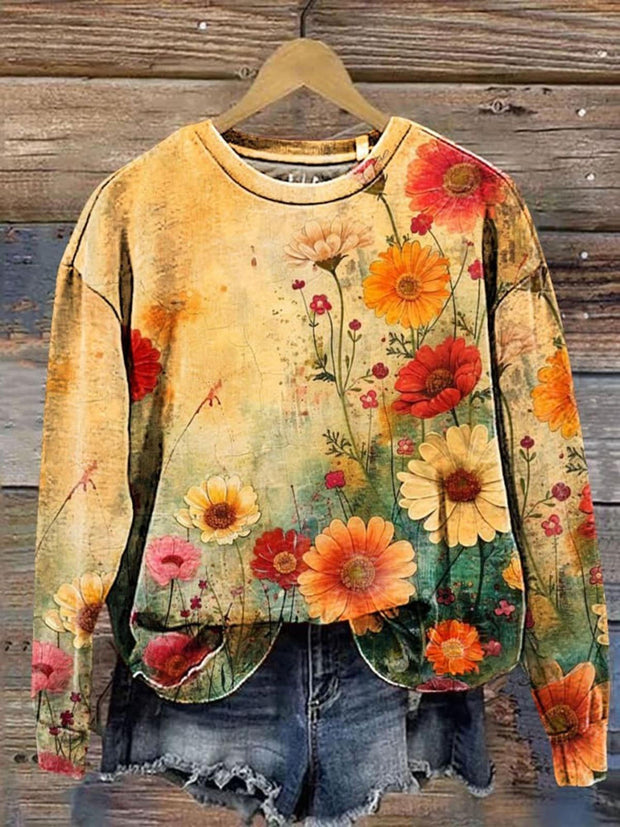 Retro Flowers Printed Long Sleeve Casual Top