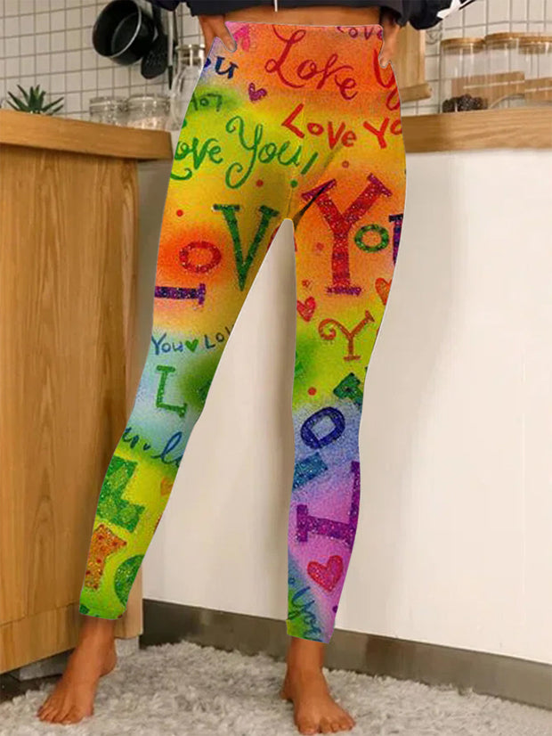 Women's Valentine's Day Fun Text Tie-Dye Print Stretch Leggings