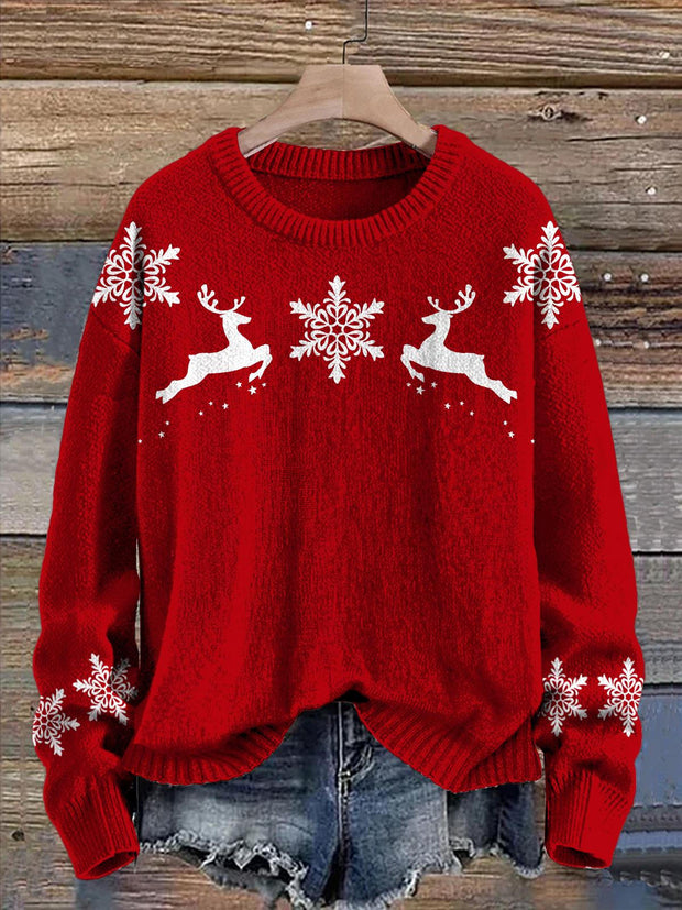 Women's Christmas Snowflake Reindeer V-neck Casual Sweater