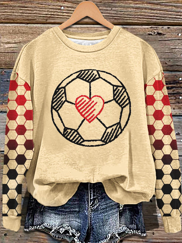 Retro Valentine's Day Soccer Print Long Sleeve Casual Top