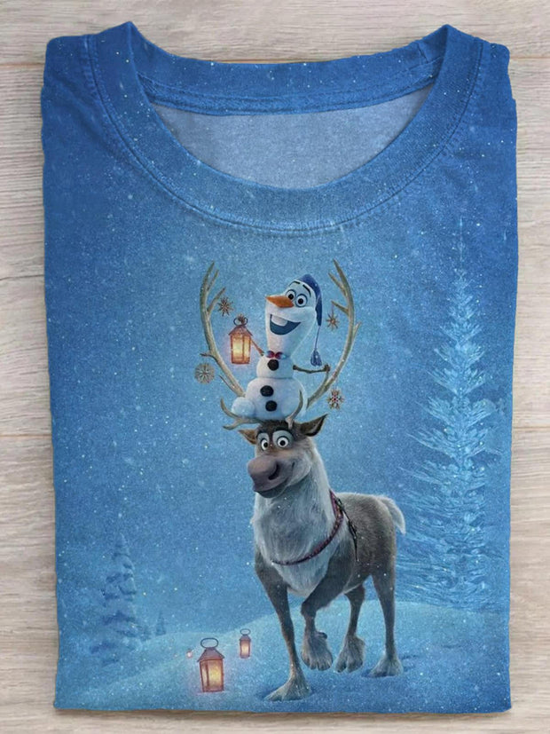 Funny Olaf&Sven Print Crew Neck T-shirt