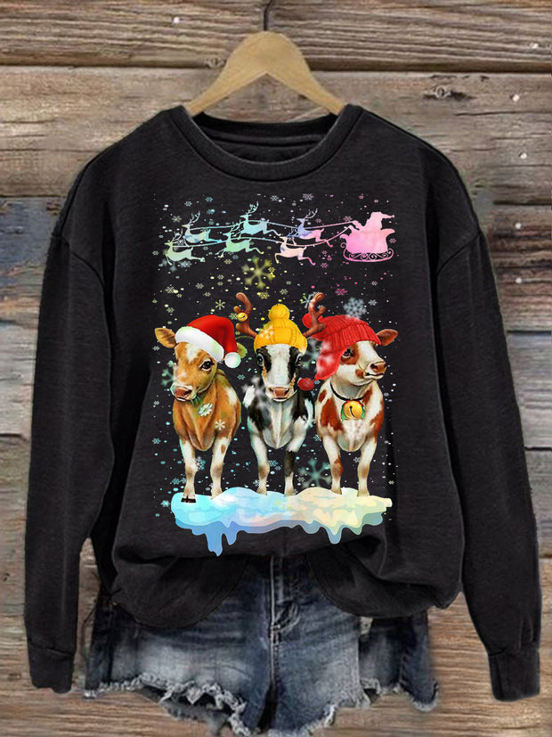 Women's Christmas Cow Printed Long Sleeve Casual Top