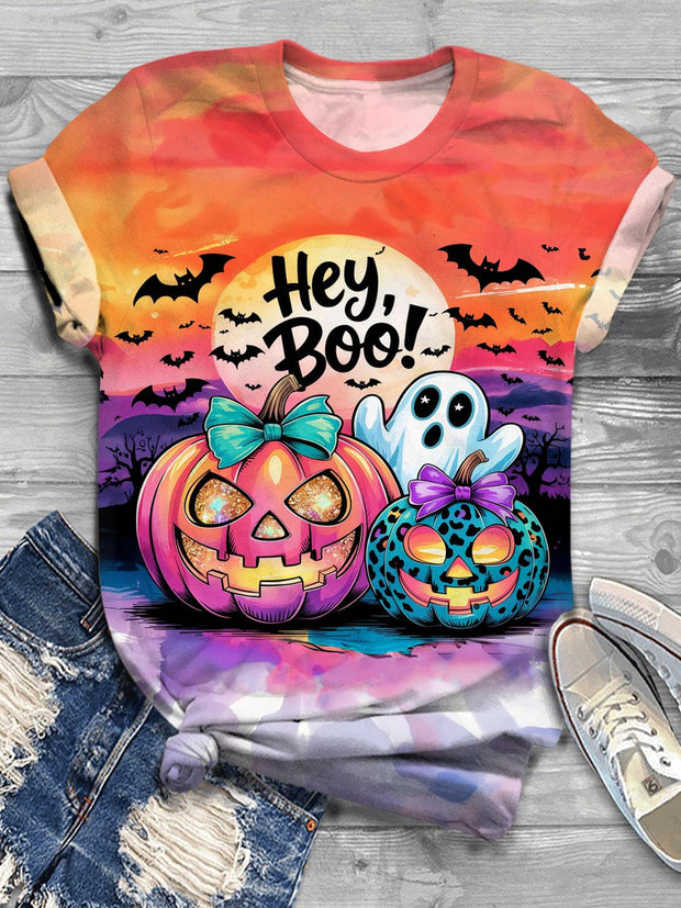 Women's Hey Boo Halloween Pumpkin Crew Neck T-shirt