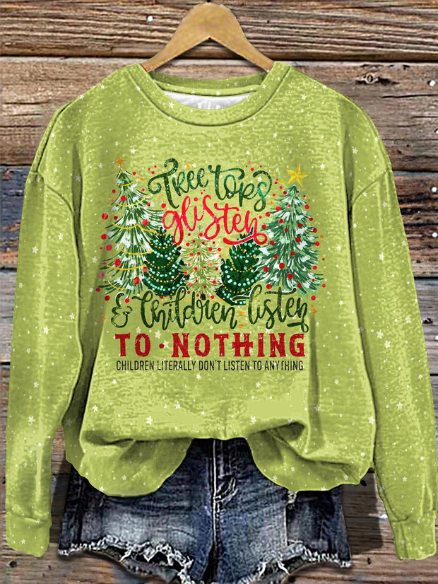 Women's Christmas Tree Top With Glittery Printed Long Sleeve Casual Top