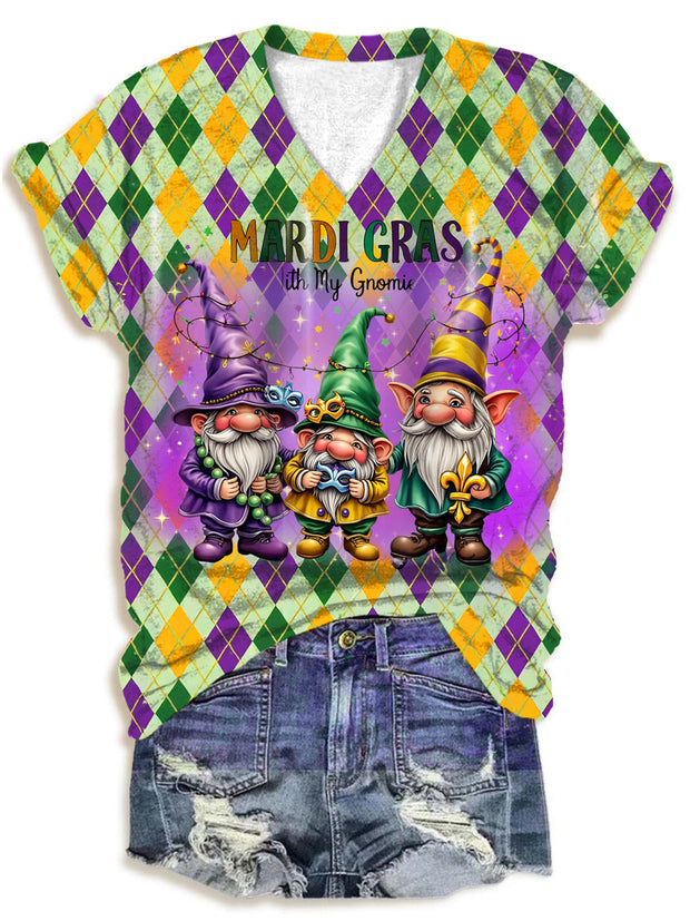 Women's Mardi Gras with My Gnomies V-Neck T-Shirt