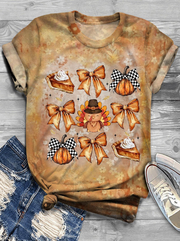 Women's Halloween Pumpkin Cute Floral Bow Print T-Shirt