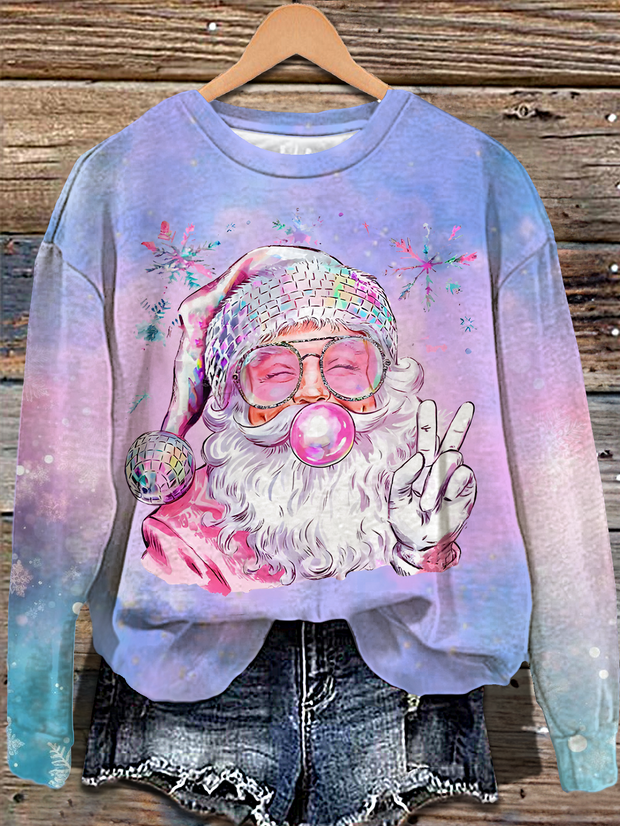 Retro Santa Christmas Blowing Bubble Printed Long Sleeve Casual Top