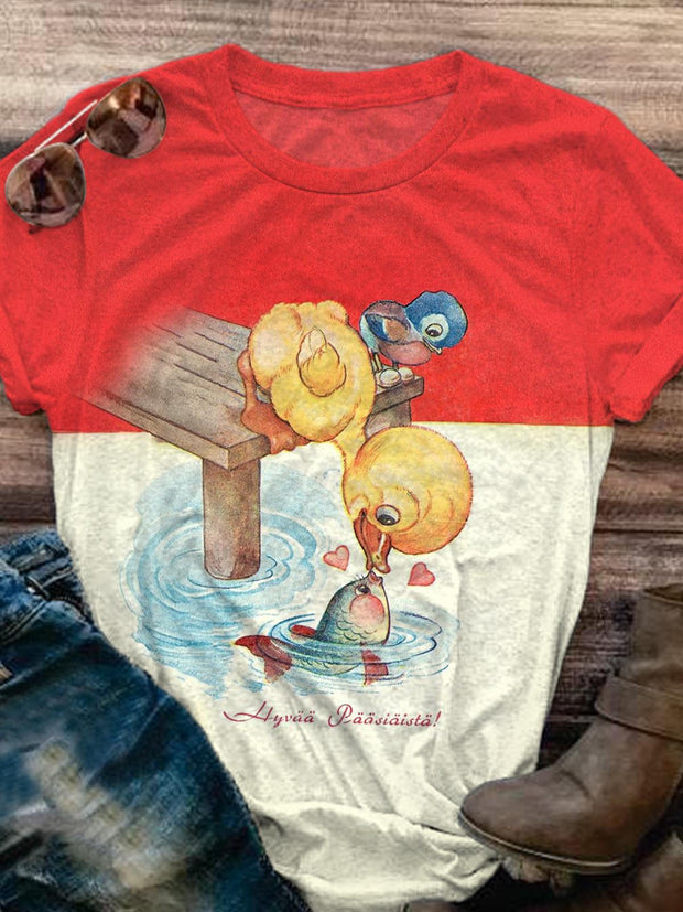 Vintage Illustration Duck Fish Bird Travel Print Casual T-shirt