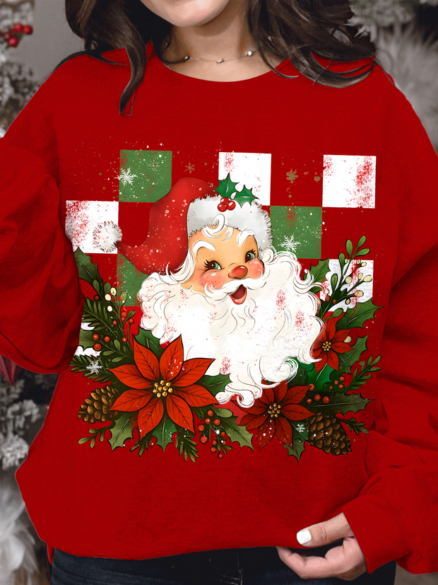 Vintage Plaid Santa Printed Long Sleeve Casual Top