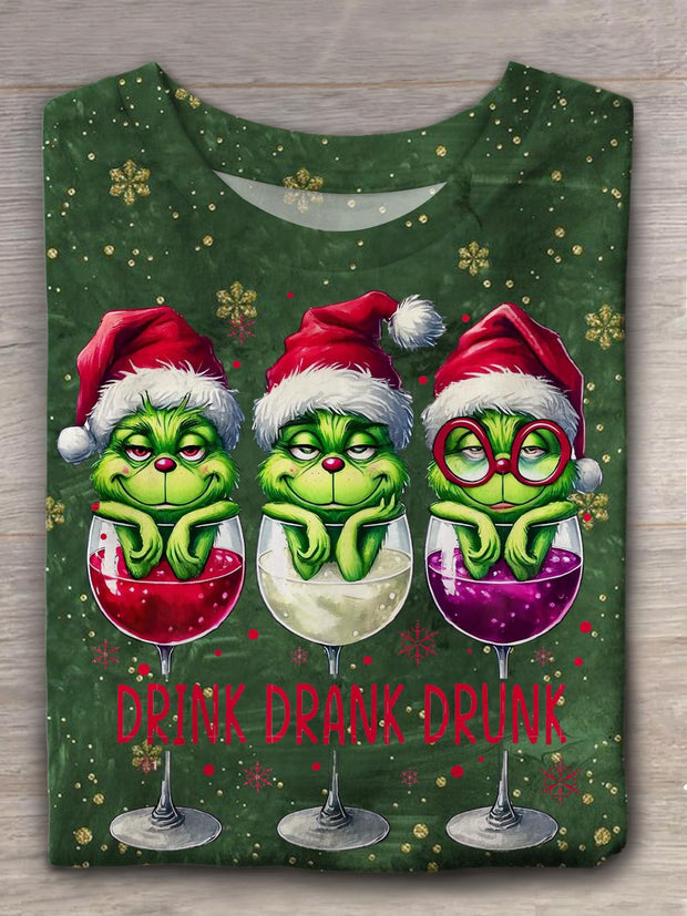 Cute Green Christmas Monster In Red Wine Glass Crew Neck T-shirt