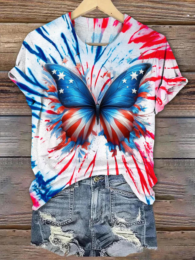 Red White & Blue Tie Dye Butterfly Crew Neck T-shirt